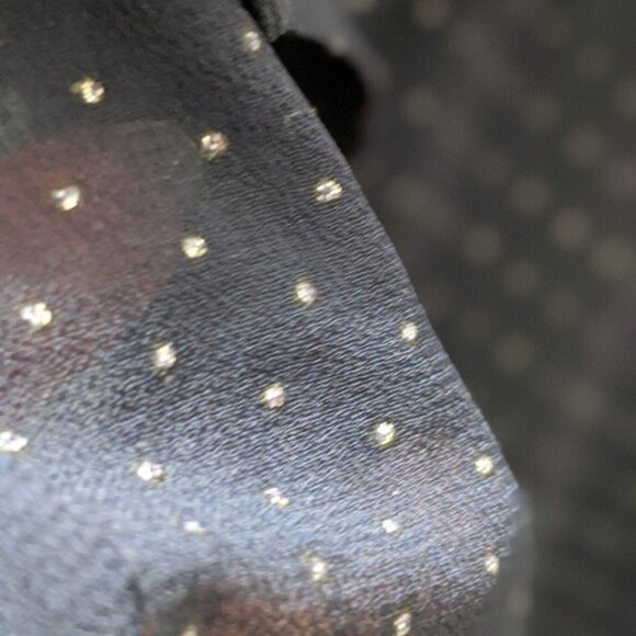 Sheer Navy Blue Button Down Sleeveless Shirt w/ Silver Polka Dots & Pear… - Picture 8 of 10